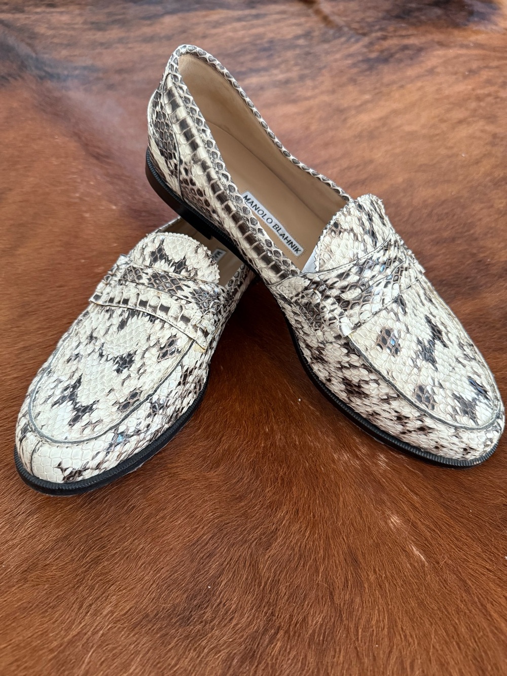 Manolo Blahnik Ivory and Black Snakeskin Loafers